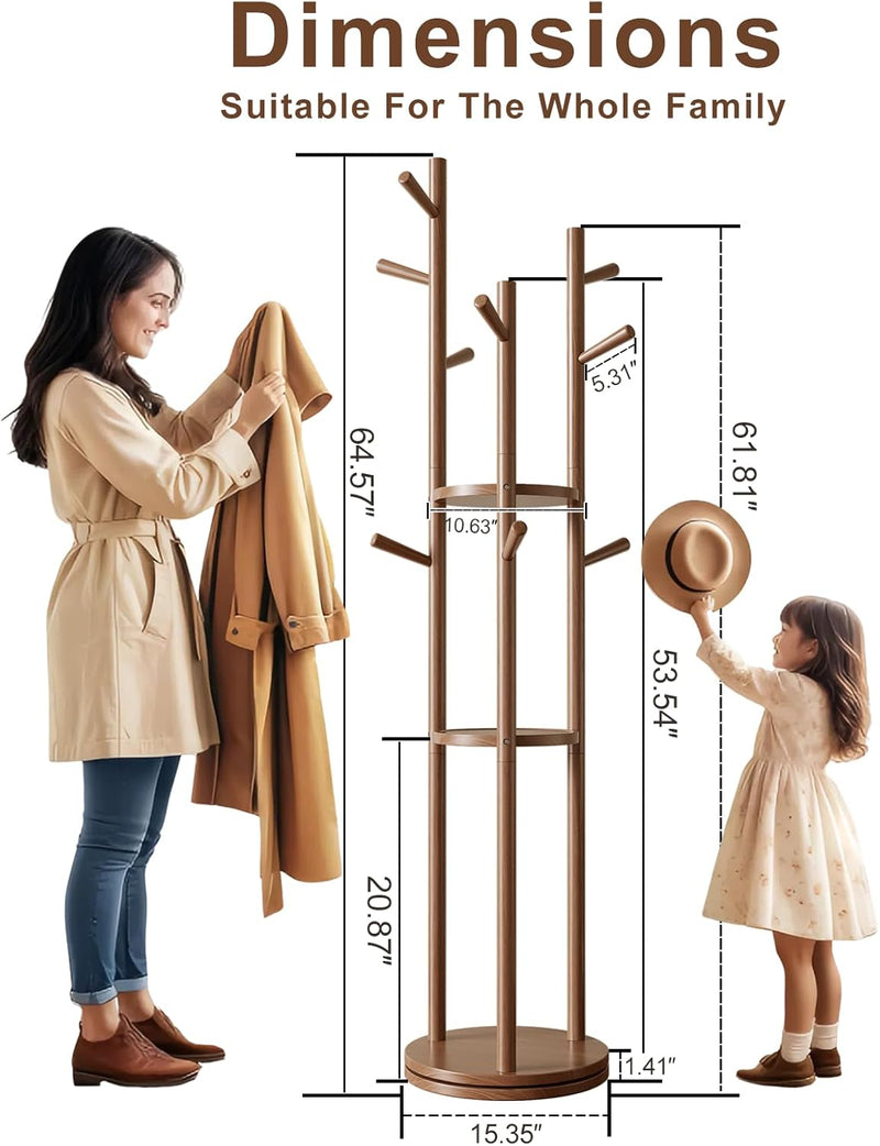 Coat Stand Woodem Rack with 3 Storage Shelves