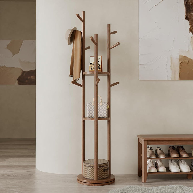 Coat Stand Woodem Rack with 3 Storage Shelves