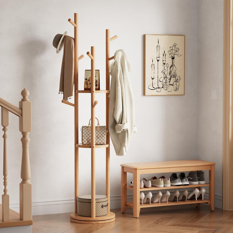 Coat Stand Woodem Rack with 3 Storage Shelves
