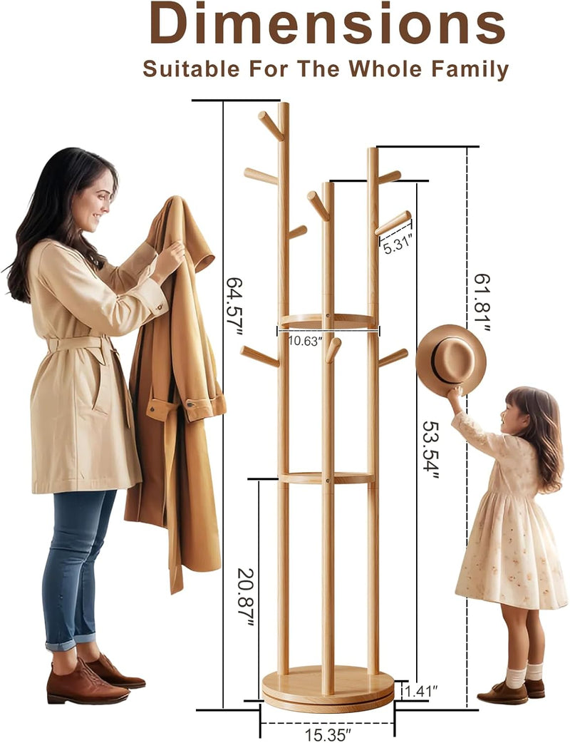 Coat Stand Woodem Rack with 3 Storage Shelves