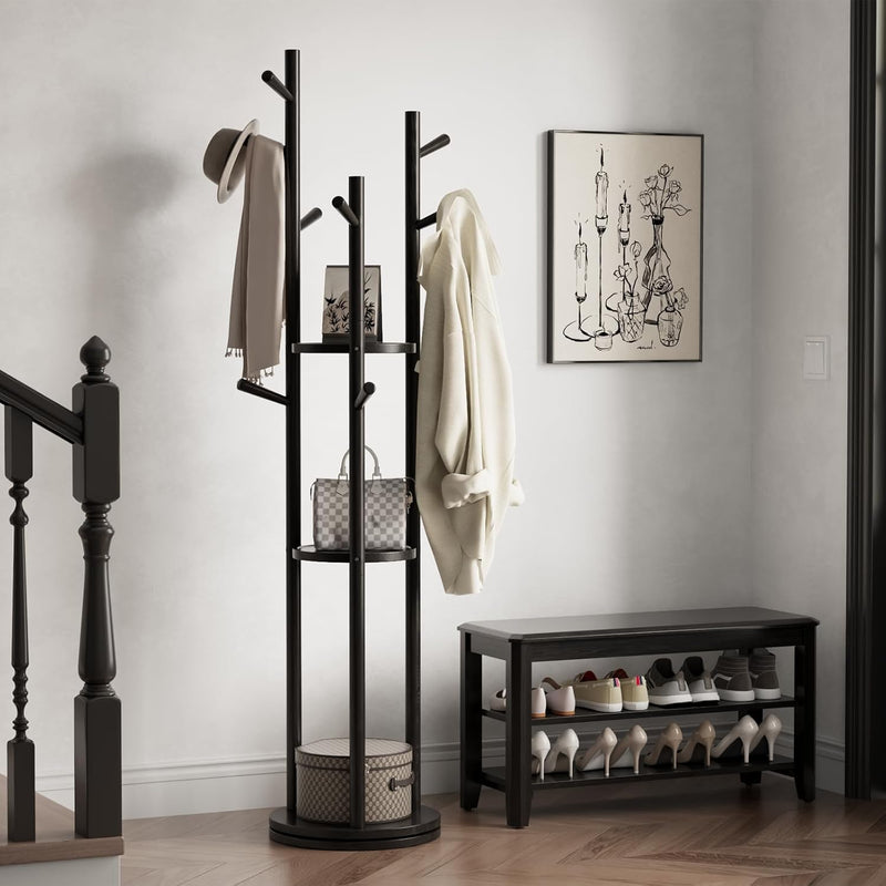 Coat Stand Woodem Rack with 3 Storage Shelves