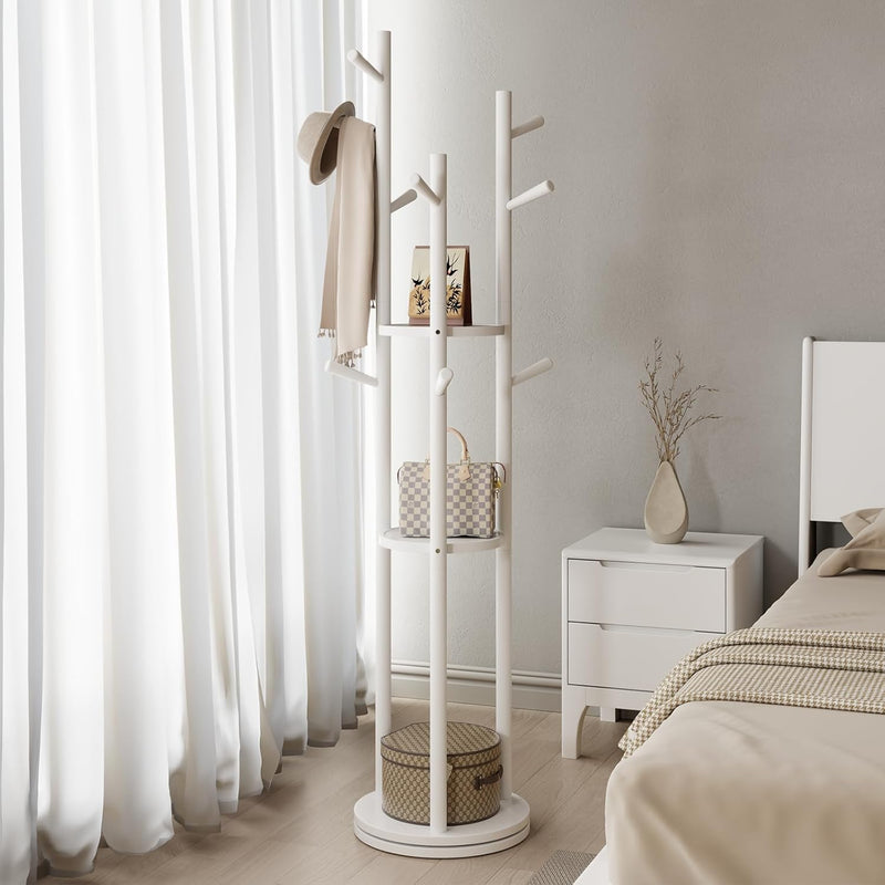 Coat Stand Woodem Rack with 3 Storage Shelves