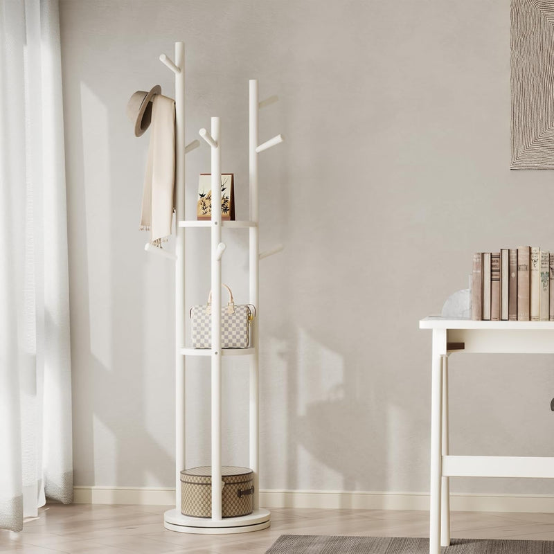 Coat Stand Woodem Rack with 3 Storage Shelves