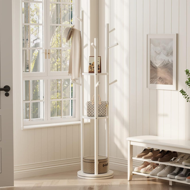 Coat Stand Woodem Rack with 3 Storage Shelves