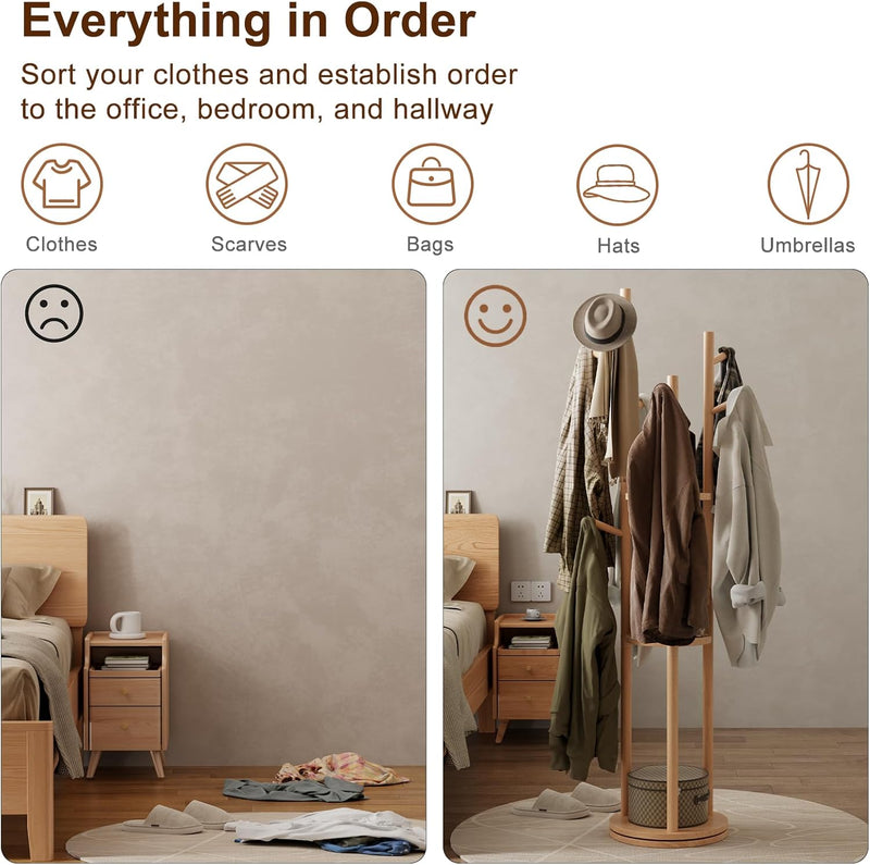 Coat Stand Woodem Rack with 3 Storage Shelves