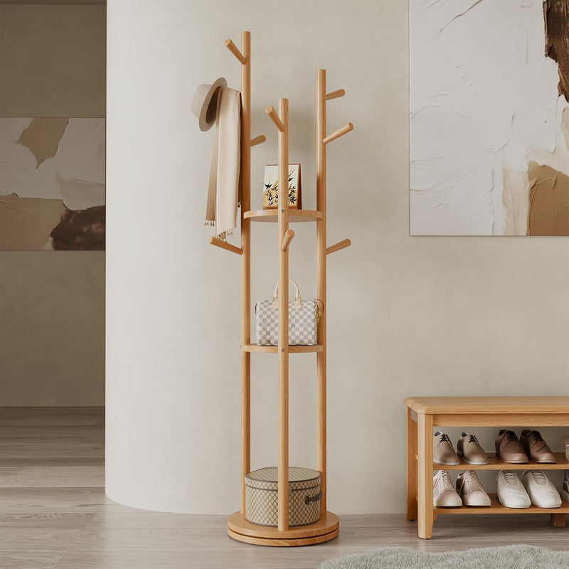 Coat Stand Woodem Rack with 3 Storage Shelves