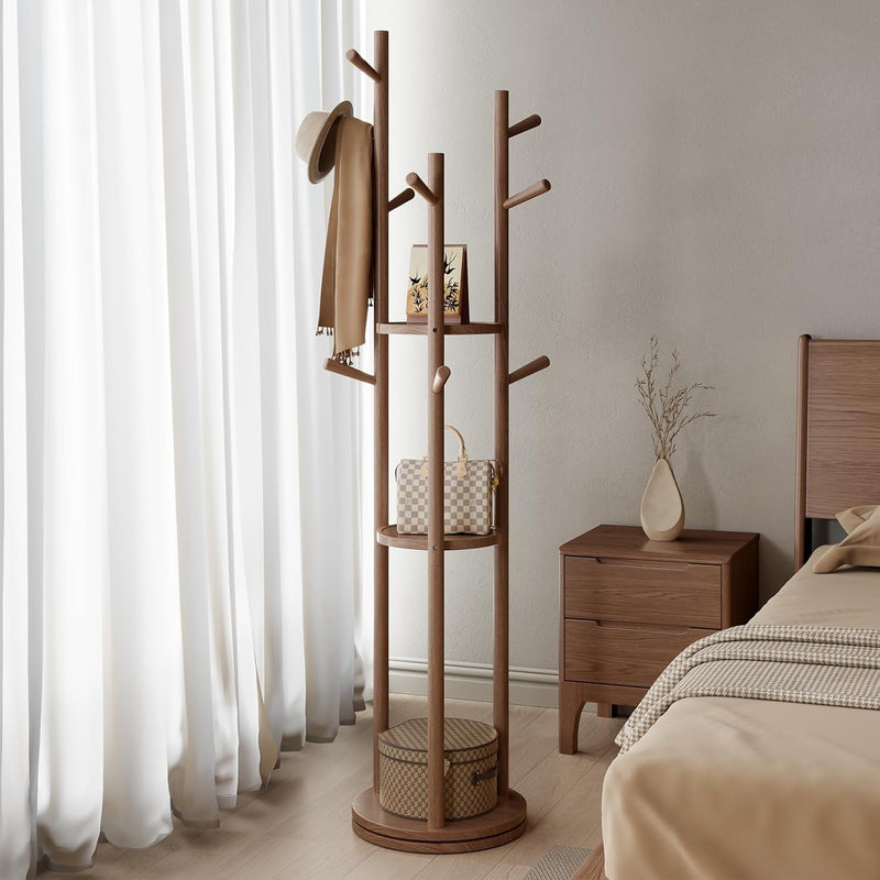 Coat Stand Woodem Rack with 3 Storage Shelves