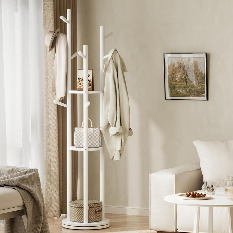 Coat Stand Woodem Rack with 3 Storage Shelves