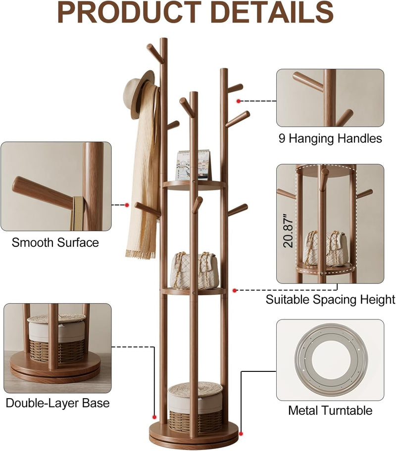 Coat Stand Woodem Rack with 3 Storage Shelves