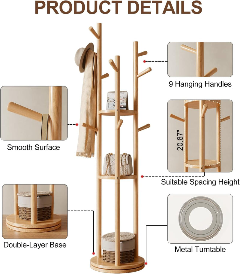 Coat Stand Woodem Rack with 3 Storage Shelves