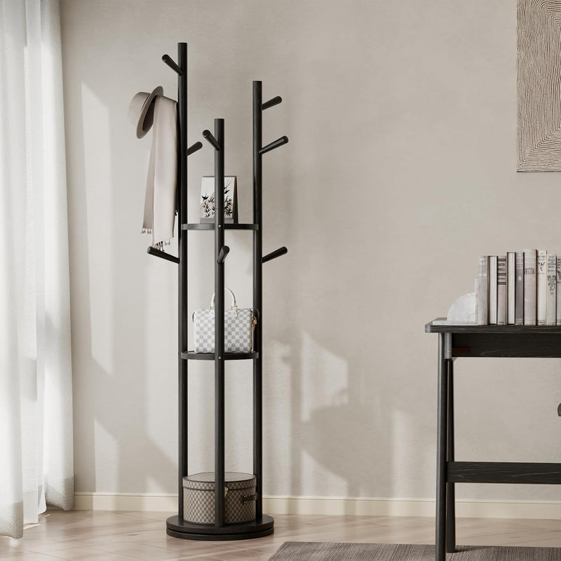 Coat Stand Woodem Rack with 3 Storage Shelves