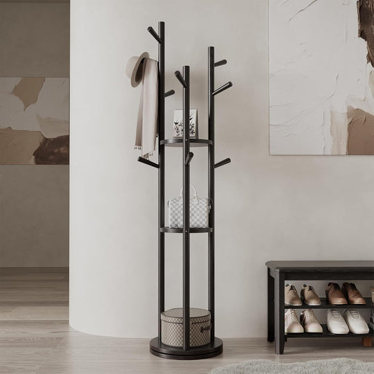 Coat Stand Woodem Rack with 3 Storage Shelves