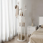 Coat Stand Woodem Rack with 3 Storage Shelves