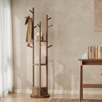 Coat Stand Woodem Rack with 3 Storage Shelves