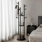 Coat Stand Woodem Rack with 3 Storage Shelves