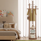 Coat Stand Woodem Rack with 3 Storage Shelves