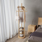 Coat Stand Woodem Rack with 3 Storage Shelves