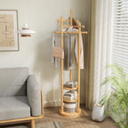 Coat Stand Woodem Rack with 3 Storage Shelves
