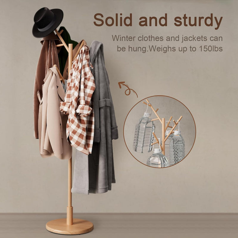 Coat Stand Wooden Rack Freestanding with 12 Hooks