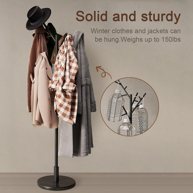 Coat Stand Wooden Rack Freestanding with 12 Hooks