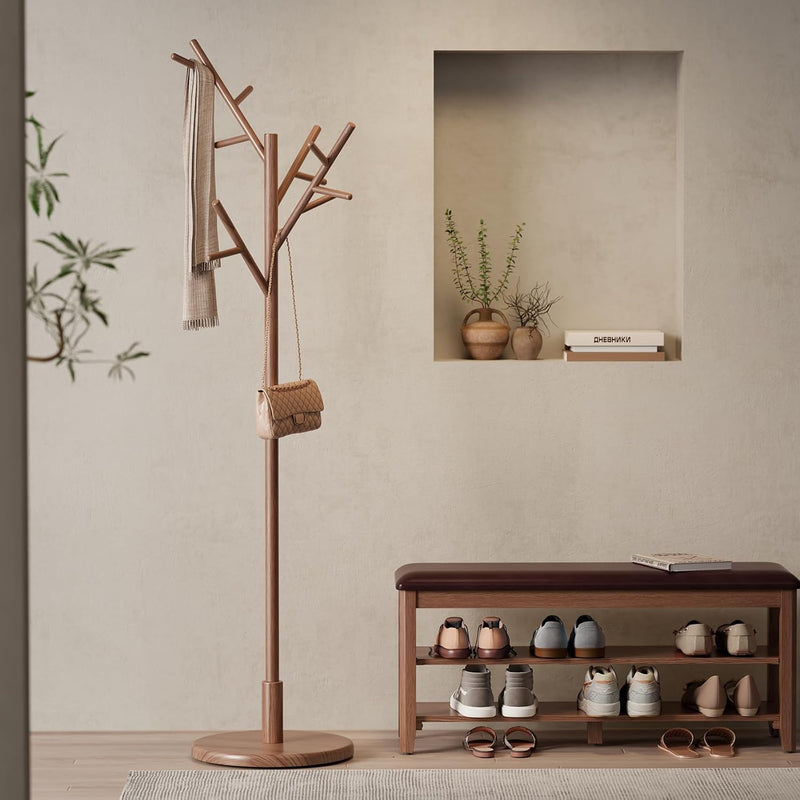 Coat Stand Wooden Rack Freestanding with 12 Hooks