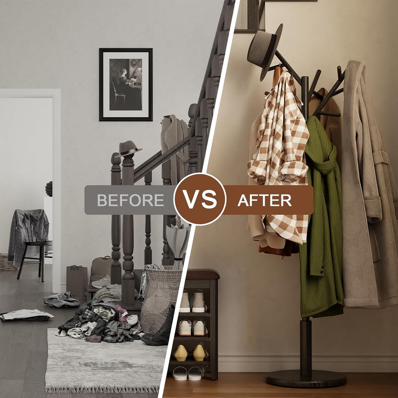 Coat Stand Wooden Rack Freestanding with 12 Hooks