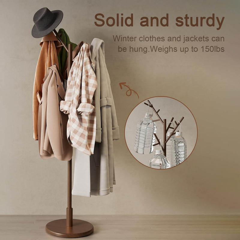 Coat Stand Wooden Rack Freestanding with 12 Hooks