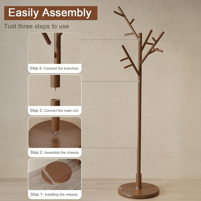 Coat Stand Wooden Rack Freestanding with 12 Hooks