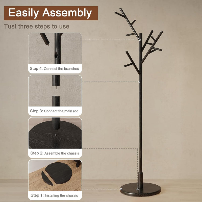 Coat Stand Wooden Rack Freestanding with 12 Hooks