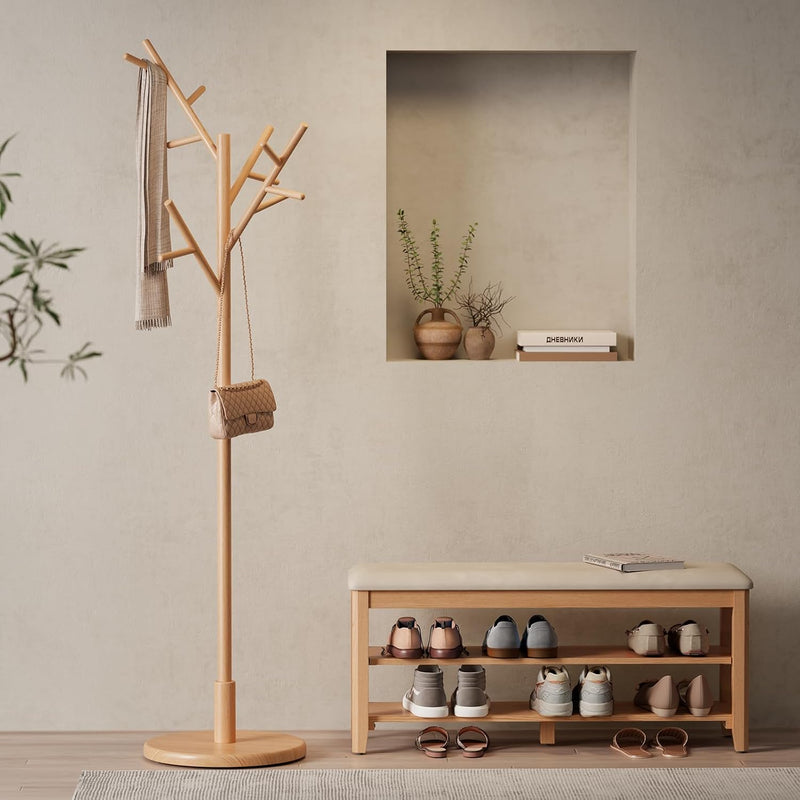 Coat Stand Wooden Rack Freestanding with 12 Hooks