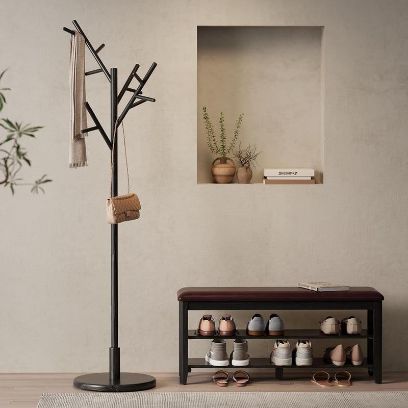 Coat Stand Wooden Rack Freestanding with 12 Hooks