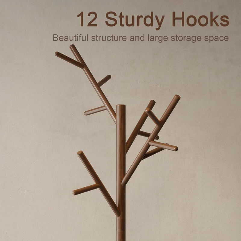 Coat Stand Wooden Rack Freestanding with 12 Hooks