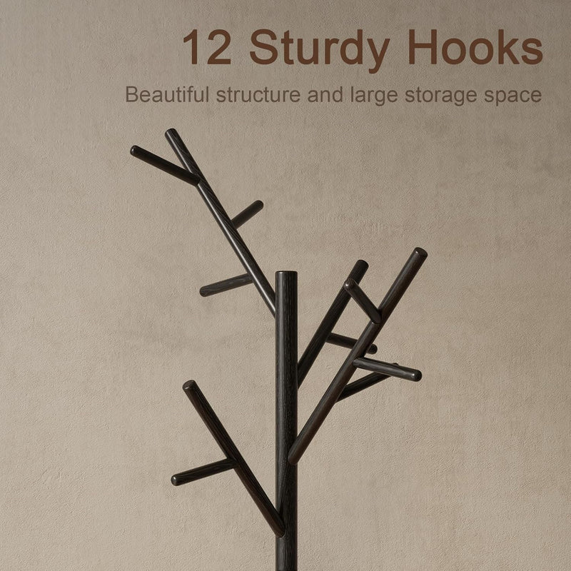Coat Stand Wooden Rack Freestanding with 12 Hooks