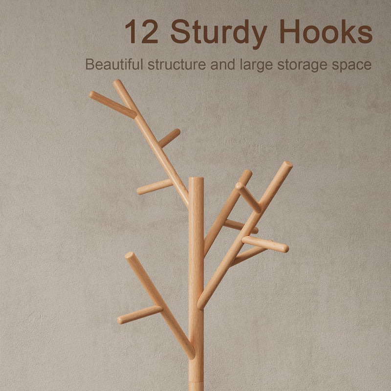 Coat Stand Wooden Rack Freestanding with 12 Hooks