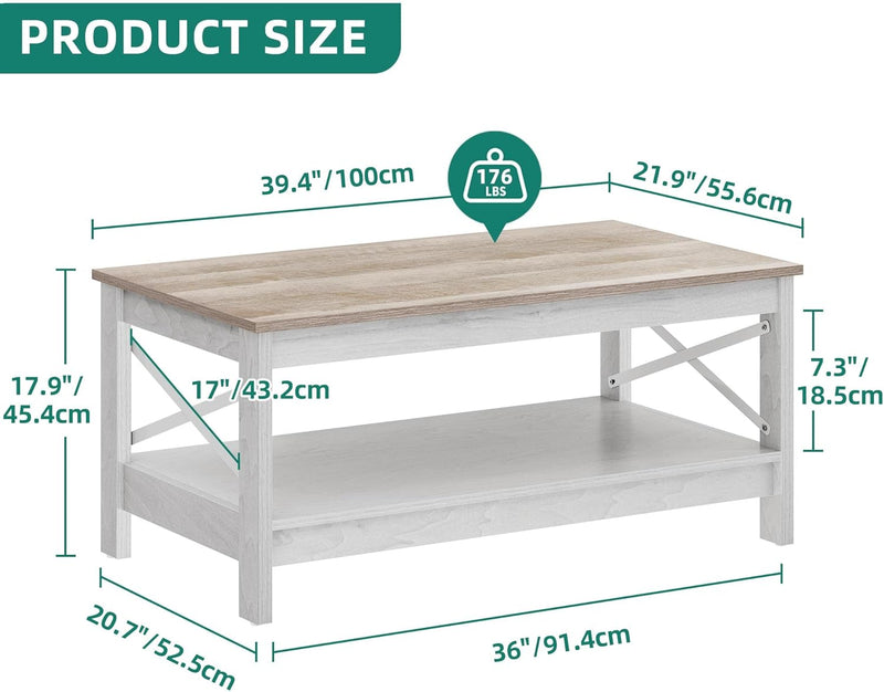 Coffee Table Living Room 2-Tier Thick Wood Rectangular
