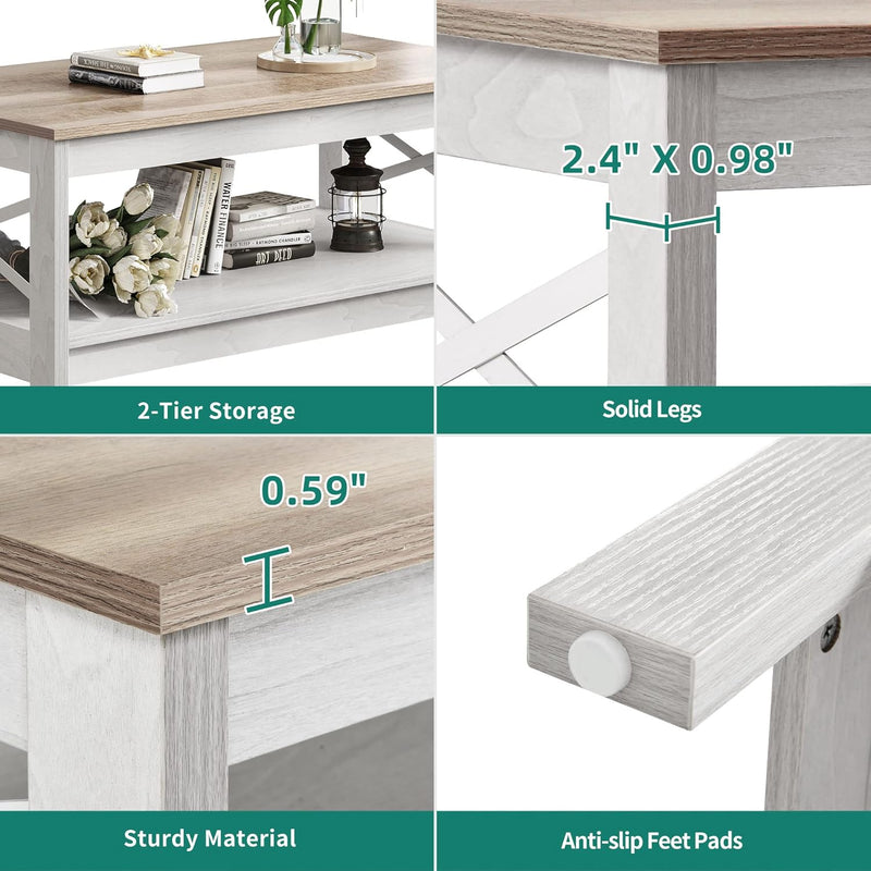 Coffee Table Living Room 2-Tier Thick Wood Rectangular