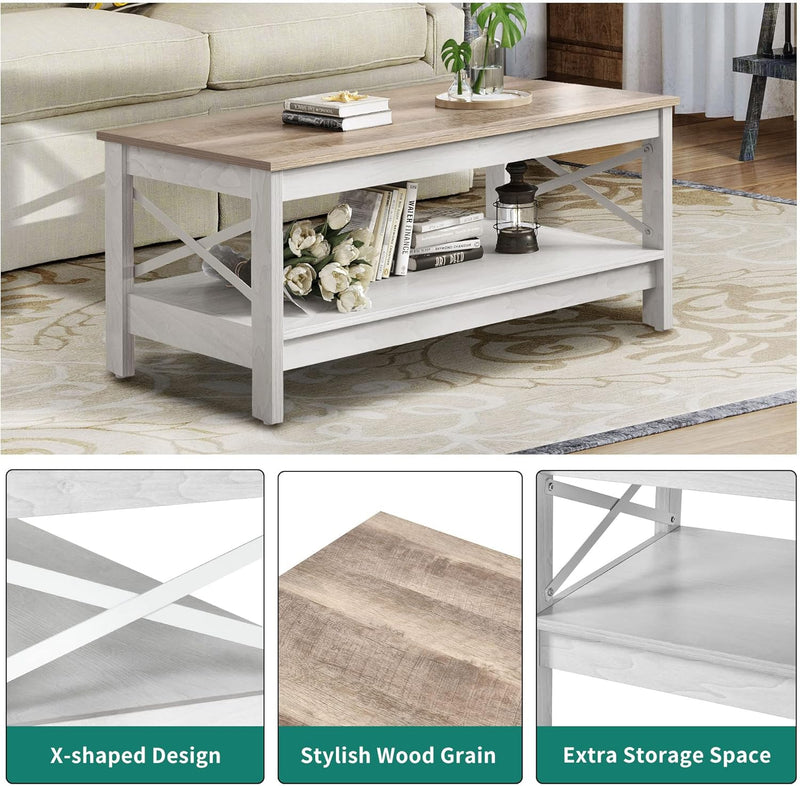 Coffee Table Living Room 2-Tier Thick Wood Rectangular
