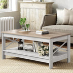 Coffee Table Living Room 2-Tier Thick Wood Rectangular
