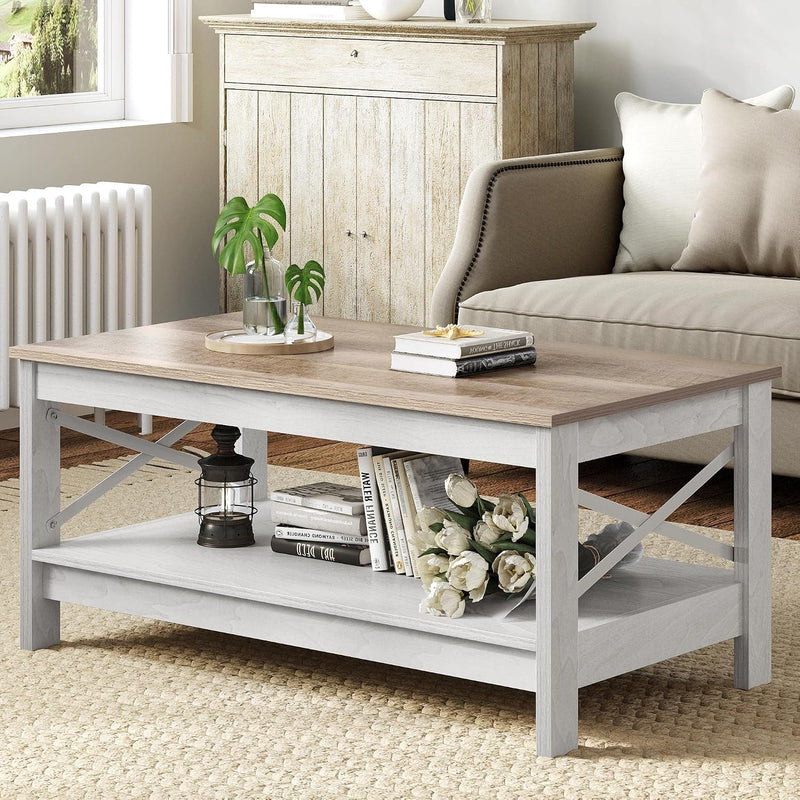 Coffee Table Living Room 2-Tier Thick Wood Rectangular