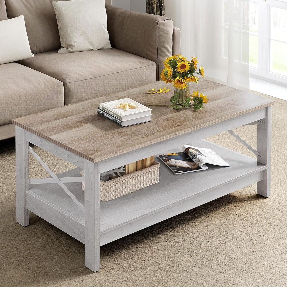 Coffee Table Living Room 2-Tier Thick Wood Rectangular