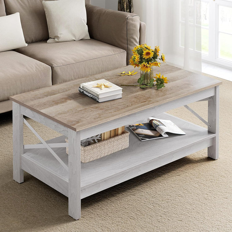 Coffee Table Living Room 2-Tier Thick Wood Rectangular