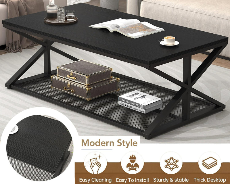 Coffee Table with Storage Modern Wood Metal Rectangle