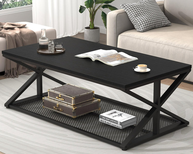 Coffee Table with Storage Modern Wood Metal Rectangle