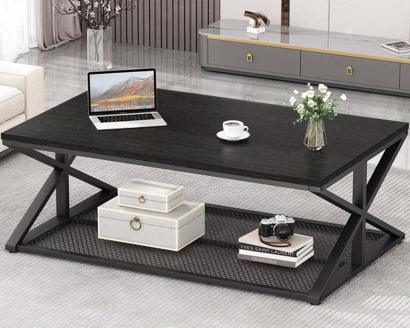 Coffee Table with Storage Modern Wood Metal Rectangle