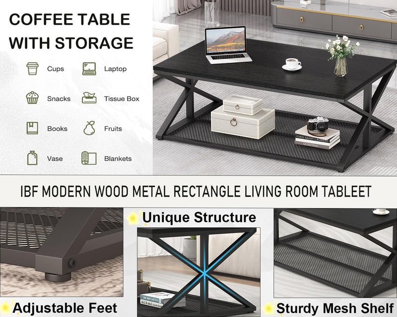 Coffee Table with Storage Modern Wood Metal Rectangle