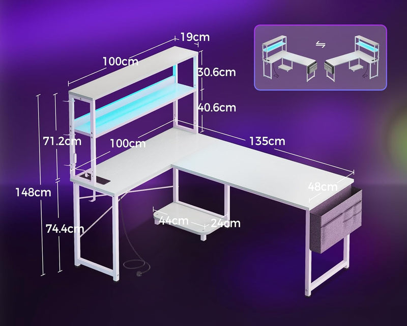 L Shaped Gaming Desk with LED Lights Power