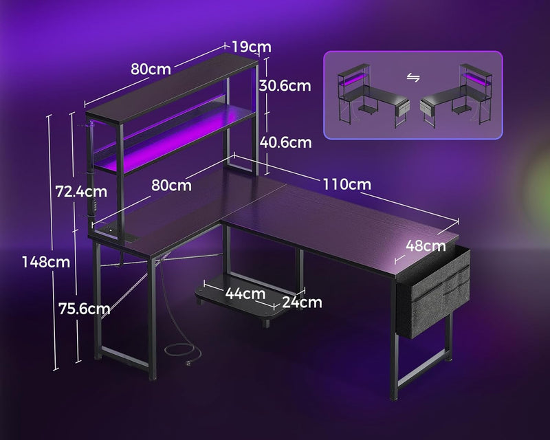 L Shaped Gaming Desk with LED Lights Power