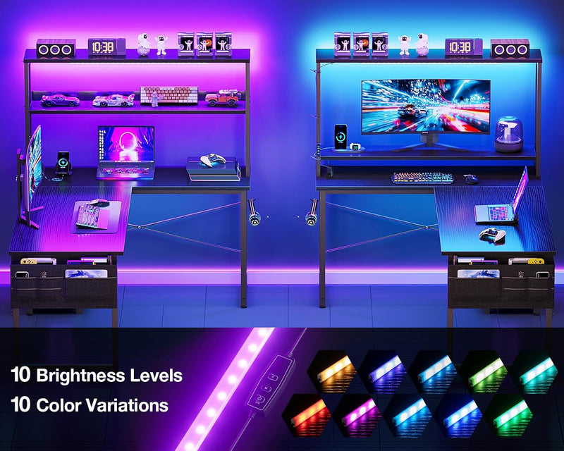 L Shaped Gaming Desk with LED Lights Power