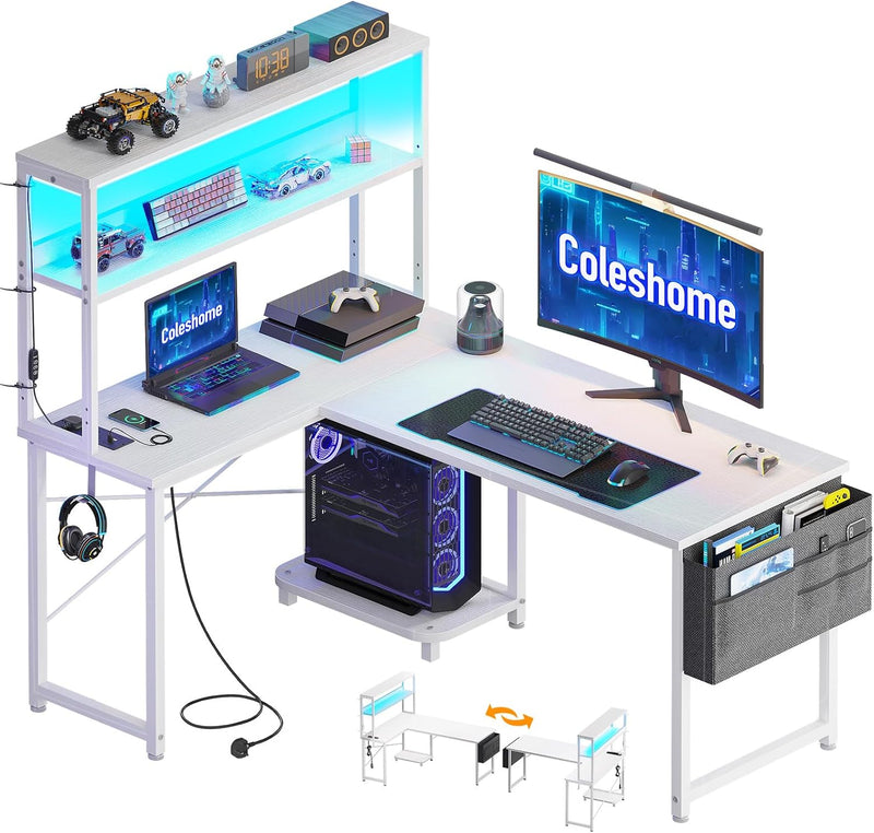 L Shaped Gaming Desk with LED Lights Power