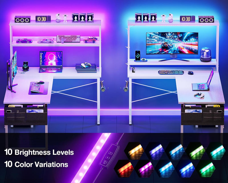L Shaped Gaming Desk with LED Lights Power